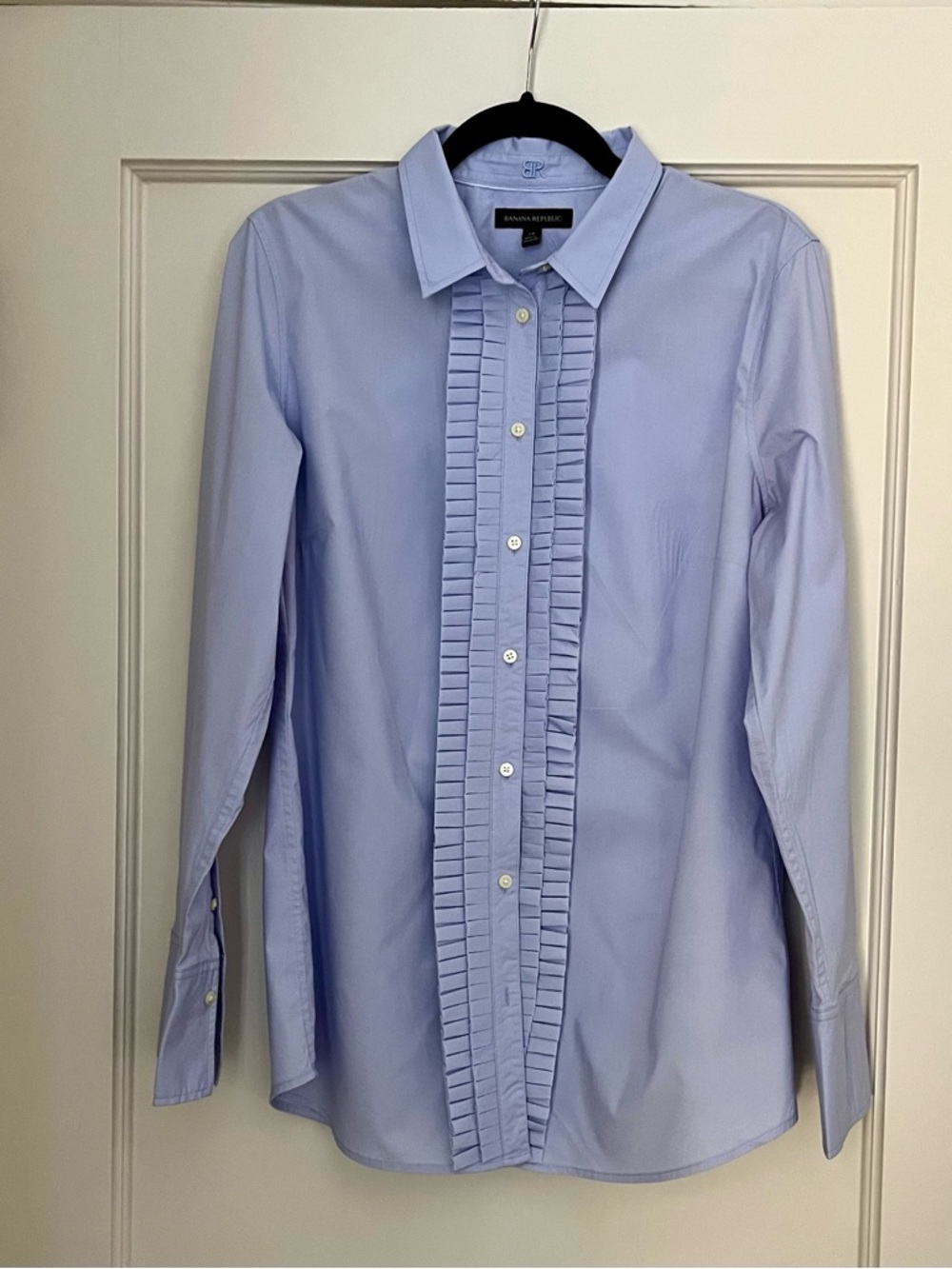 Banana Republic Women's Blue Ruffle Front Tuxedo Style Shirt, Size 14
